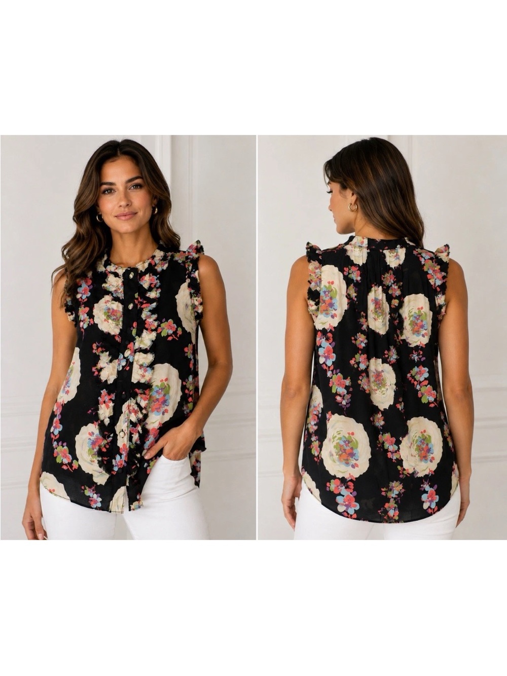Tory Burch Black Sleeveless Floral Ruffle-Neck Silk Blouse